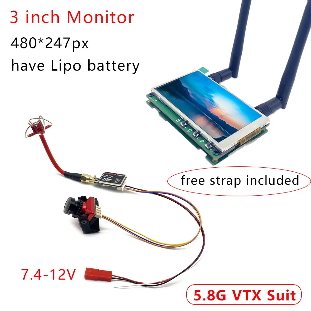 

FPV Set TS5823Pro 600mW Video 5.8GHz 48CH Transmitter and 1500TVL Camera B19 with 3 inch Monitor For RC Racing Drone Model