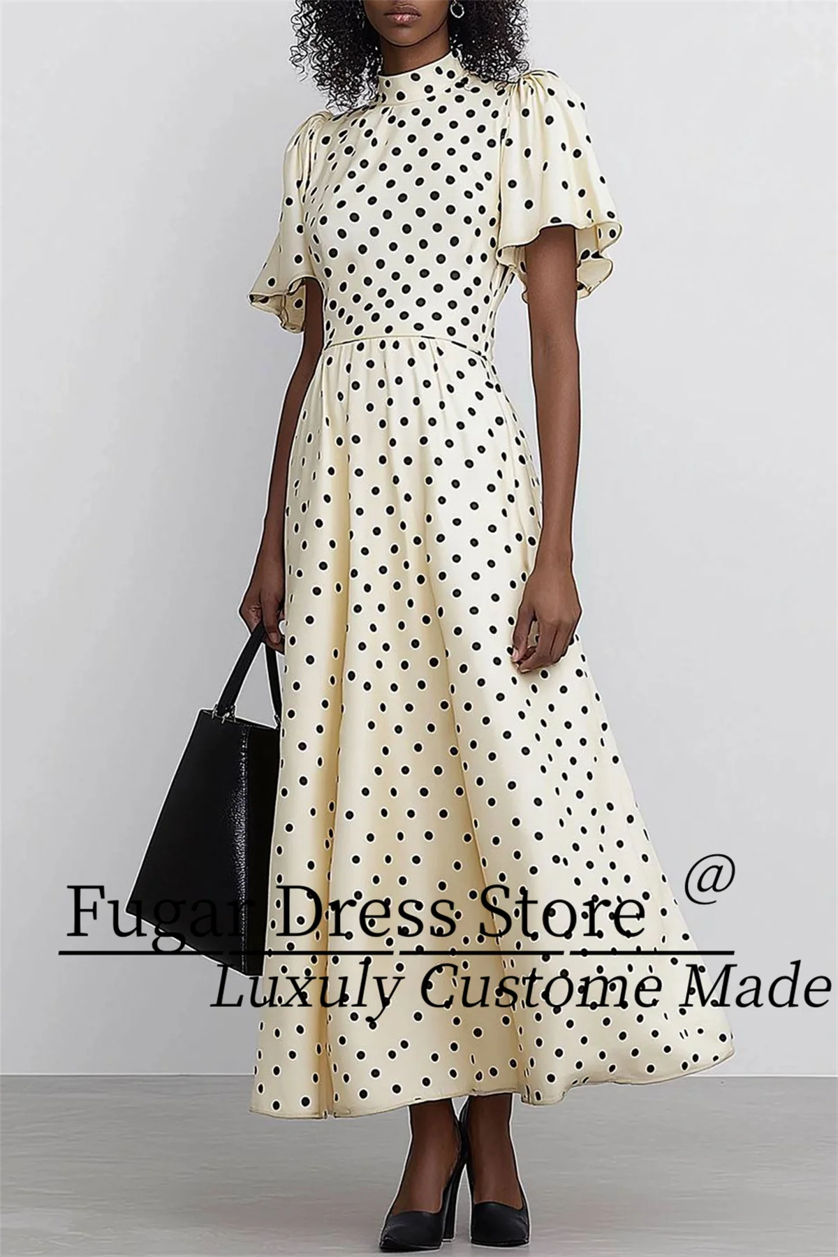

TIANTIAN Customized Daily Polka Dot Dress Lotus Leaf Sleeves Midi Neck Collar Maxi Dress Casual Prom robes de soirée