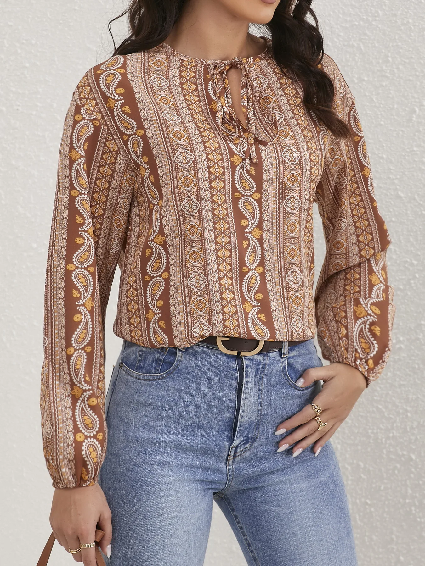 Ladies Paisley Print Tied Crew Neck Blouse Casual Long Sleeve Blouse Women Tops Shirts