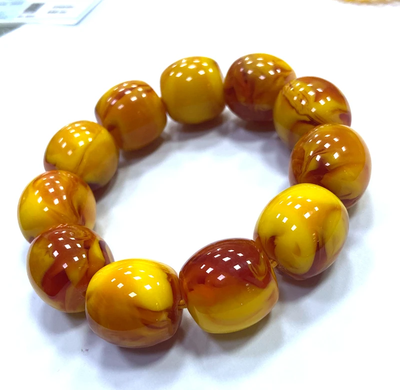 Certificate 20*21mm Natural Drum Mexican Yellow Amber Beads Bracelet 7.5