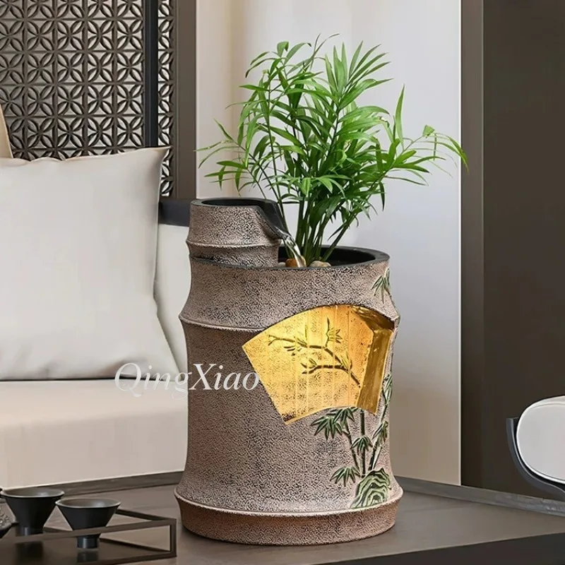 New Chinese Style Bamboo Pattern Water Fountain Ornament, Tabletop Circulating Water Feature Decorative Planter Waterfall Craft