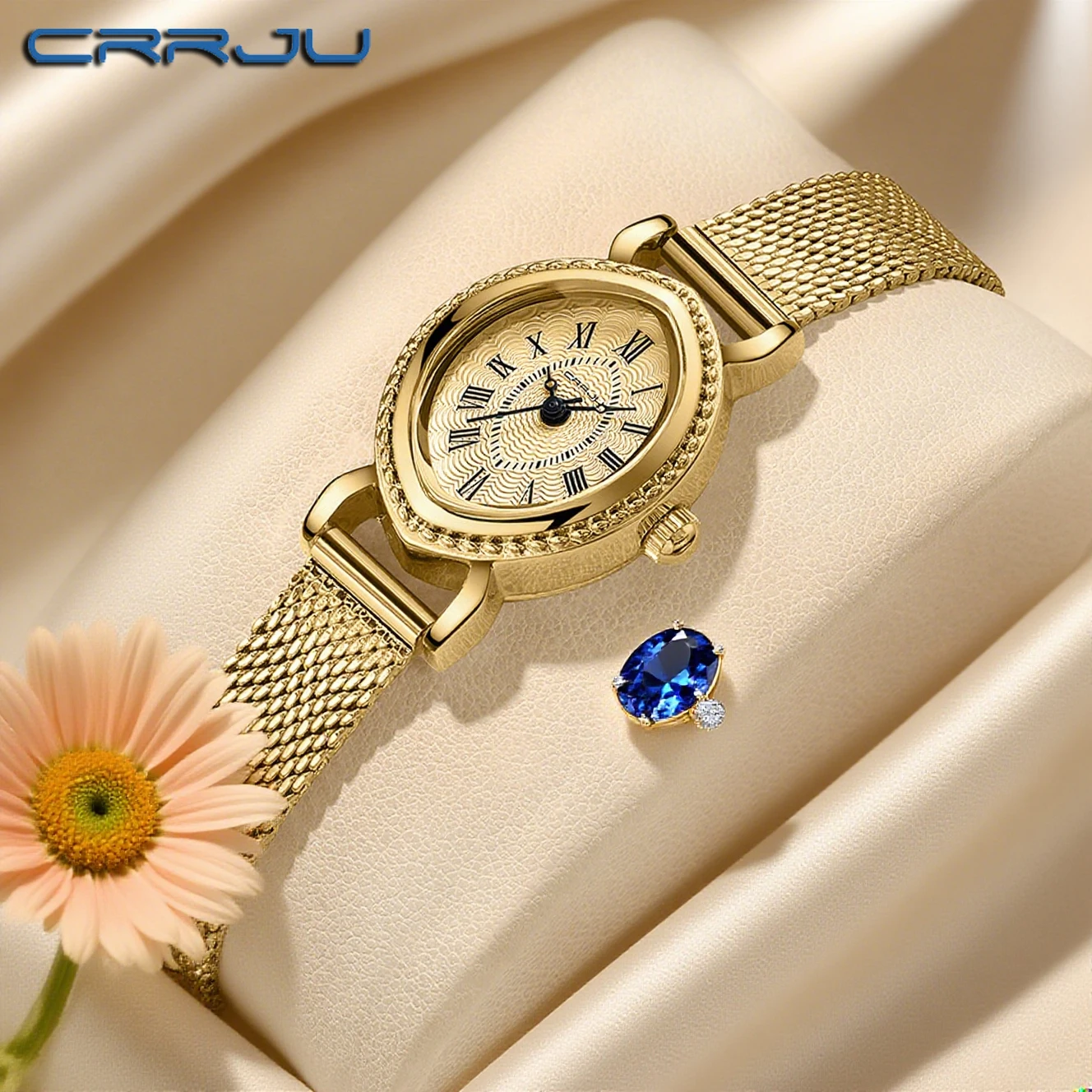 CRRJU New Ladies Watches Vintage Luxury High Quality Gold Oval Small Wrist Watch Gift Women Fashion Golden Quartz Wristwatch