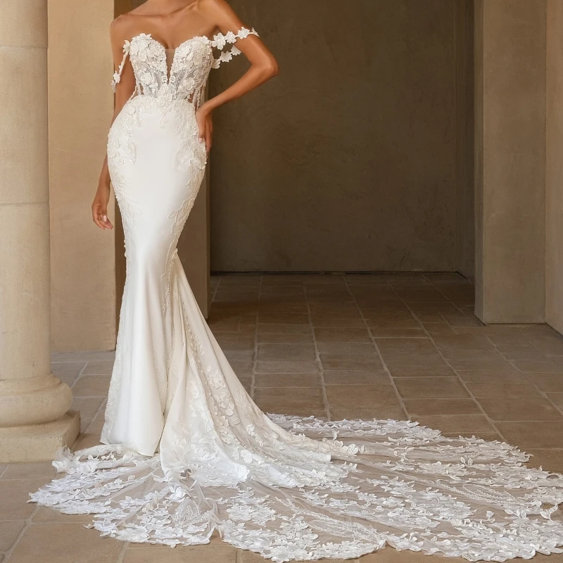 

Luxury White Dubai Arabic Mermaid Wedding Dresses Applique Flower Beading Tull Court Train Wedding Dress Bridal Gowns vestidos