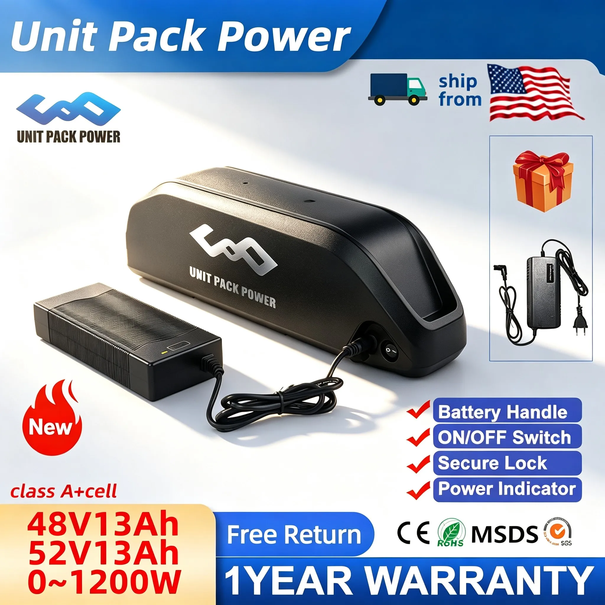 Polly Downtube E‑Bike Replacement Lithium‑Ion Battery Pack,48V‑52V 13Ah,Built‑in 30A BMS Protection Board,Long Range Cycling Power Battery for 250‑750W Electric Bicycle Motor,US Local Warehouse In Stock Fast Shipping