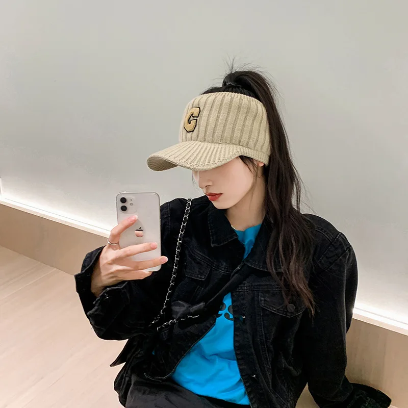 Trendy C Letter Embroidery Winter Ear Protection Warm Female Empty Top Hat Wool Knitted Fashion Spring Sunshade Peaked Cap