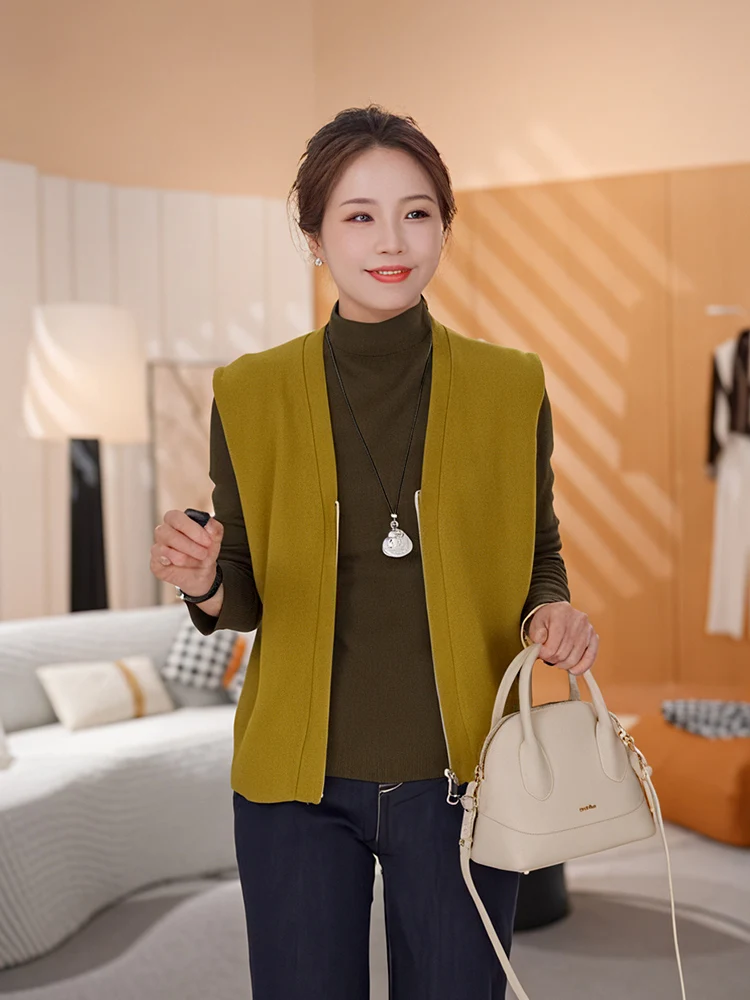 

High Collar Knitted Vest Top Women's Svel V-ne Two-piece Set Spring 2026 Commute Sle Cotton Blend ort Length