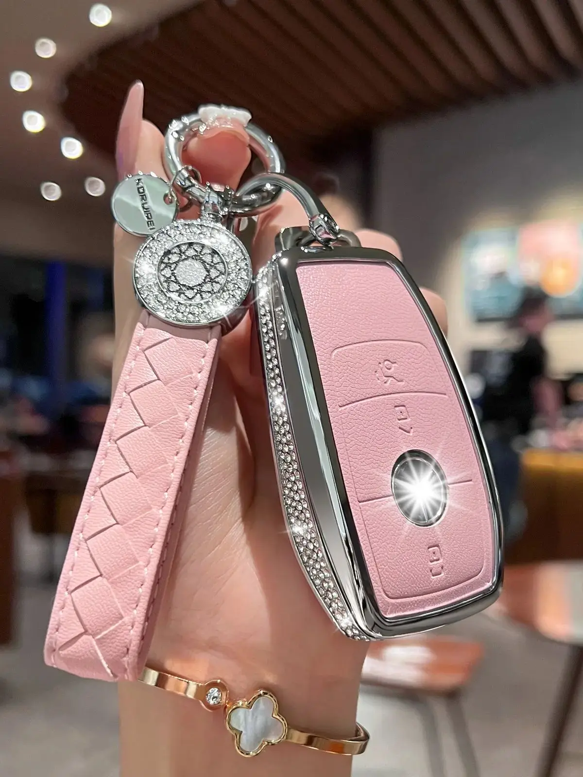 for Mercedes Benz Key Fob Cover with Keychain, Pink Genuine Leather Crystal Key Case Protection Shell Compatible with Mercedes