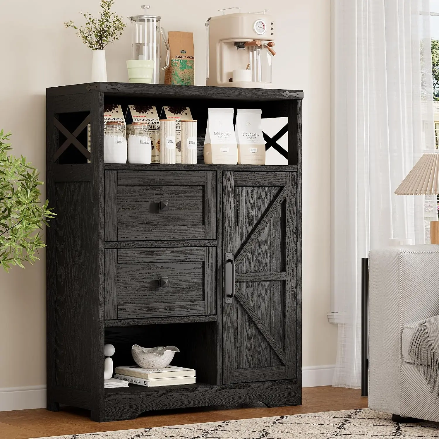 Farmhouse Buffet Sideboard Cabinet with 2 Drawers and Open Shelf