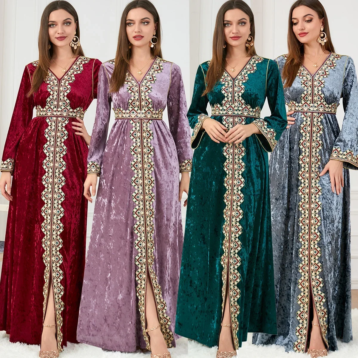 

Muslim Abayas for Women Light Luxury Dubai Indian Dress Muslim Corduroy Dress Embroidered Dress Fashion Slit Long Sleeves Dress