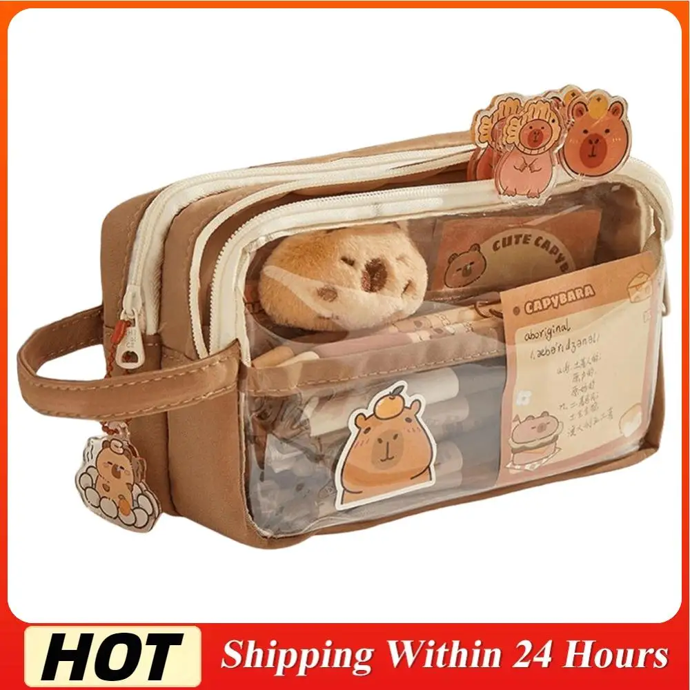 Piórnik z kapibarą kawaii z przegródkami, torba na artykuły piśmiennicze z zawieszką z naklejką, etui na długopisy do biura i szkoły.