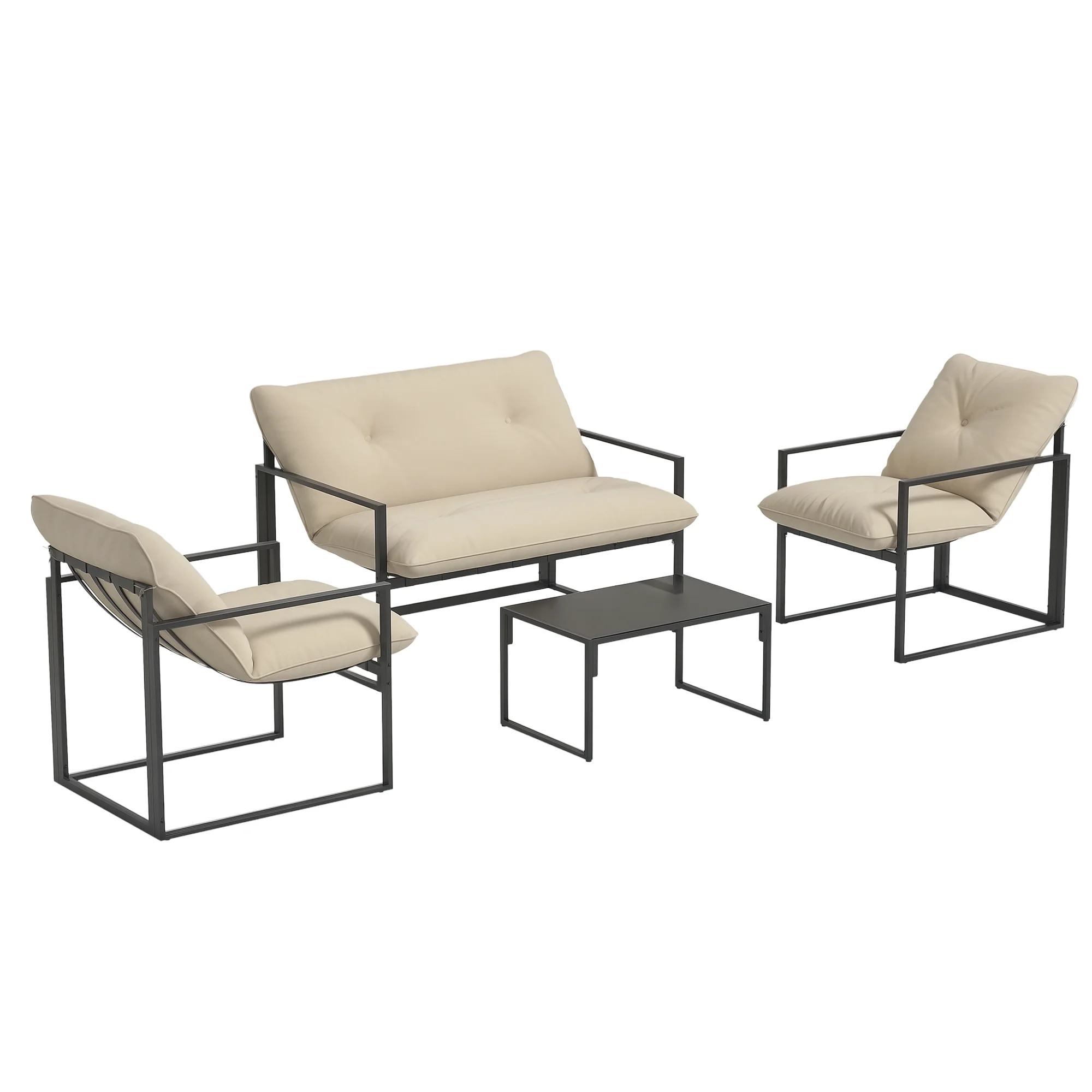 Outsunny Salon de jardin extérieur 4 pièces pour 4 personnes avec canapé 2 places, 2 fauteuils et 1 table basse 3 coussins mobilier de jardin pour terrasse jardin - acier noir polyester beige