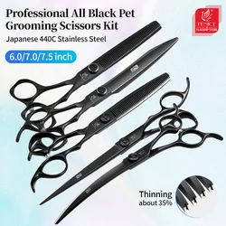 Fenice Professional 6.0/7.0/7.5 Inch Black JP440C Pet Grooming Scissors Kit Cutting&Curved&Thinner Scissors&Comb Dogs Hair Tools