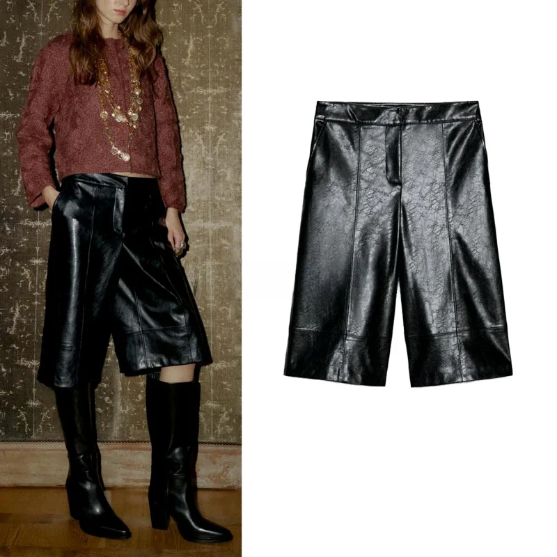 

High Waist PU Leather Simulation Long Casual Shorts Autumn Winter New Style Women's Fashion Black Color Comfortable Loose Fit