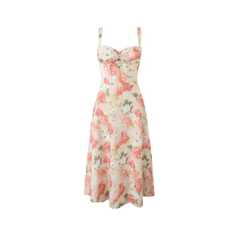 

Women Carmen Pink Peony Print Cotton Bustier Sundress Maxi Dress