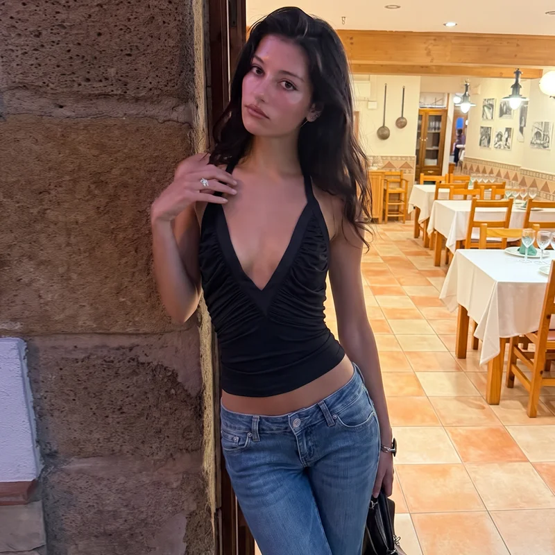 Hugcitar Neckholder V-Ausschnitt Einfarbig Rückenfrei Gerafftes Bandage Sexy Crop Tank Top Sommer Damen Mode Outfit Streetwear Party Club – Detail 20