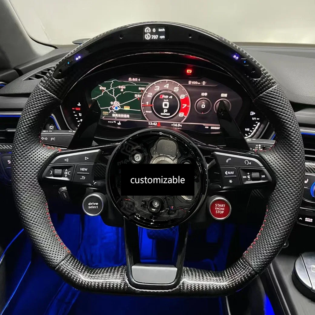 Customized LED Carbon Fiber Steering Wheel with Mode Button Fits for Audi A3 A4 A5 A6 S3 S4 S5 RS3 Q3 Q5 Q7 Q8 R8 TT Custom Made