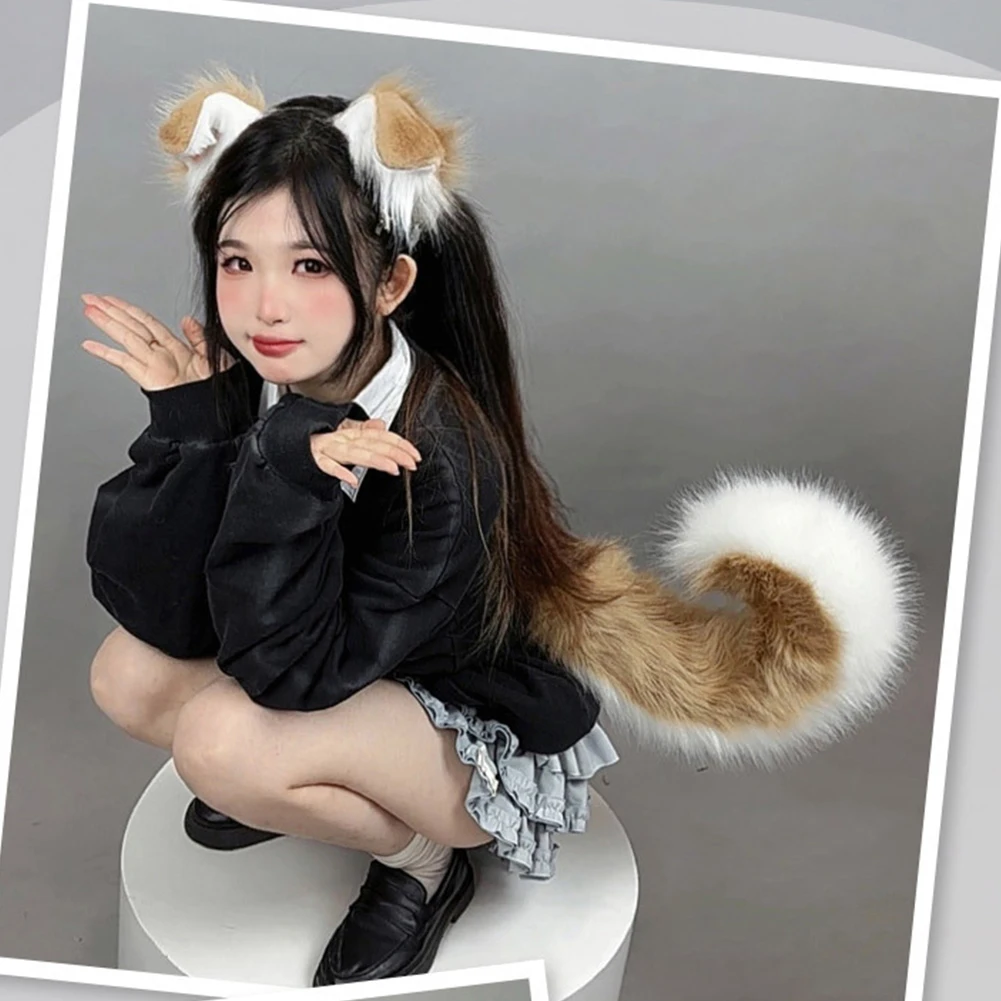 Furry Anime Dog Ear Headband Tail Cartoon Comic-Con Cosplay Costume Accessories Simulation Plush Animal Ears Tail image 3
