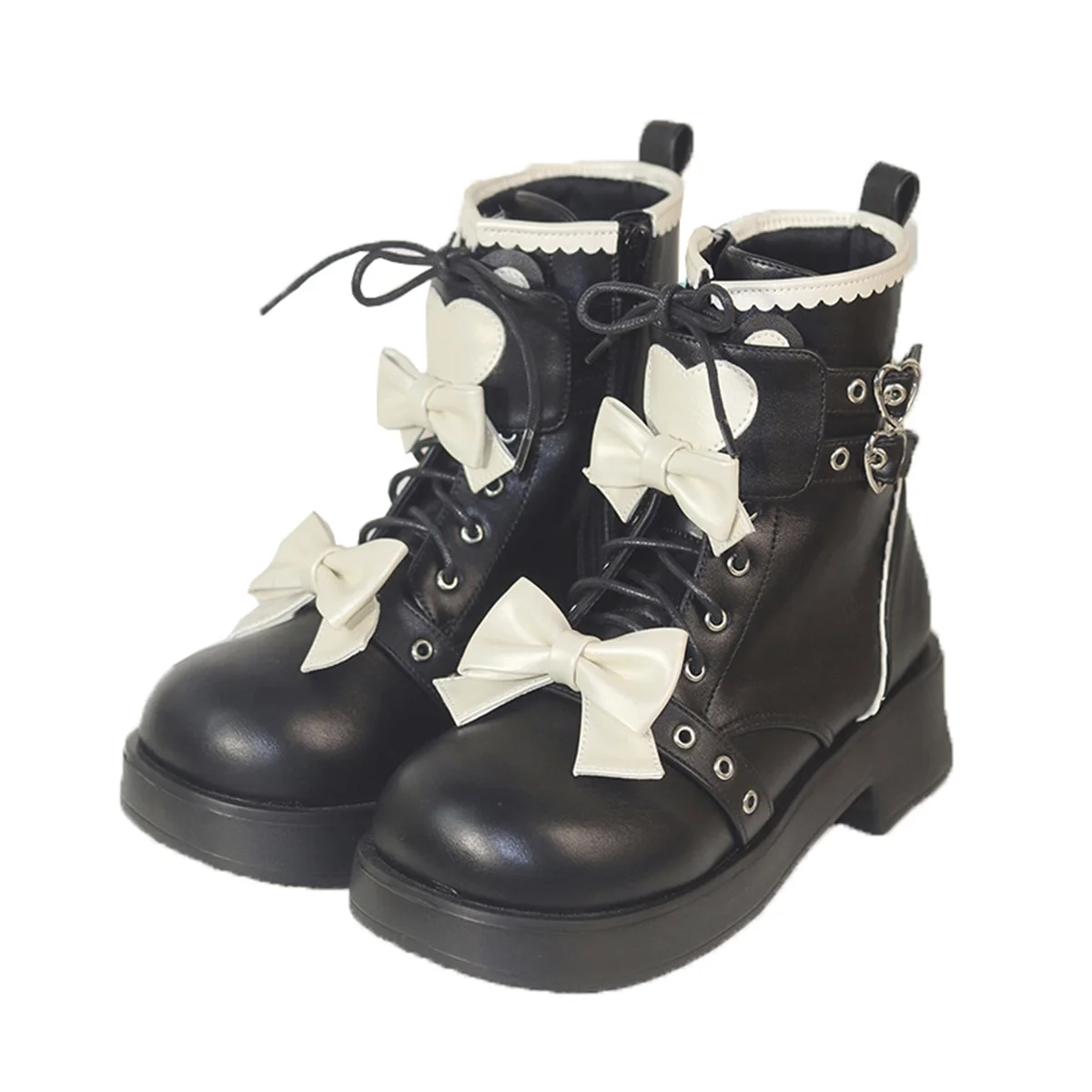 

Japanese Sweet College Style Kawaii Girls Shoes Cosplay Bowknot Love Lacing Strap Round Head Thick Bottom 2.5-4.5cm Ankle Boots