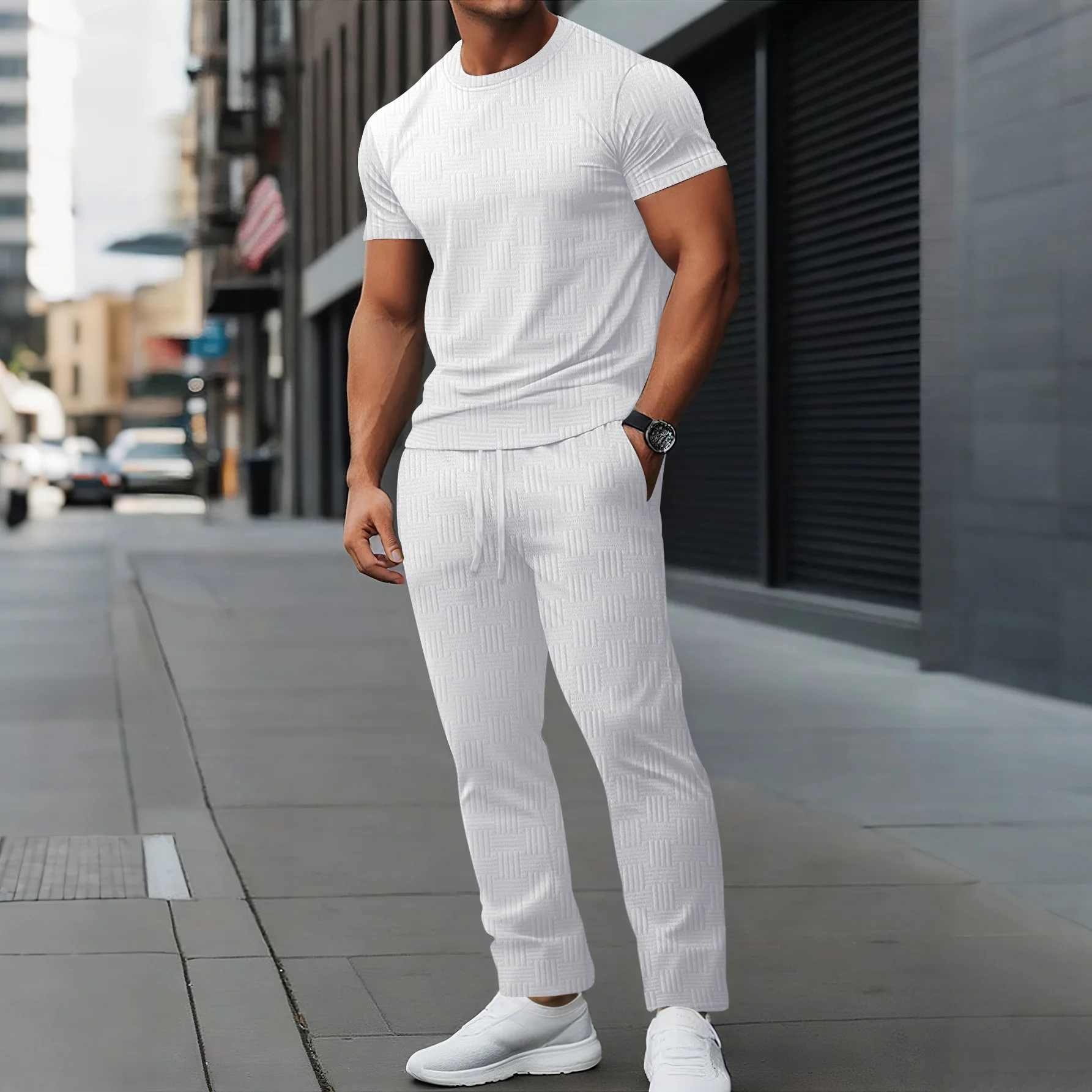 Summer's new sporty and fashionable slim-fitting set for men, a casual round-neck short-sleeved shirt and long pants jacquard se