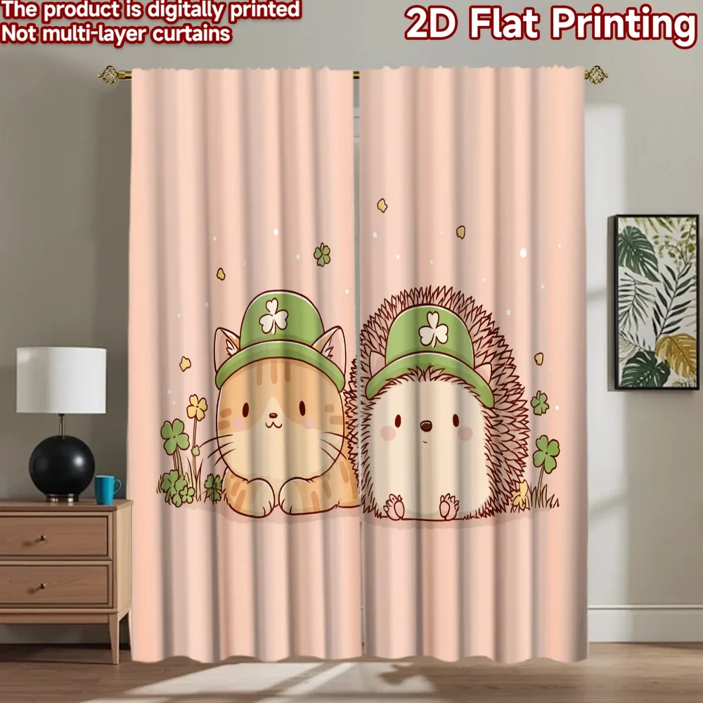2D flat printing 2pcs Curtain Cute Cat Hedgehog Shamrock Digital Printed Polyester Drapes Festive Wall Decor Use for Photo