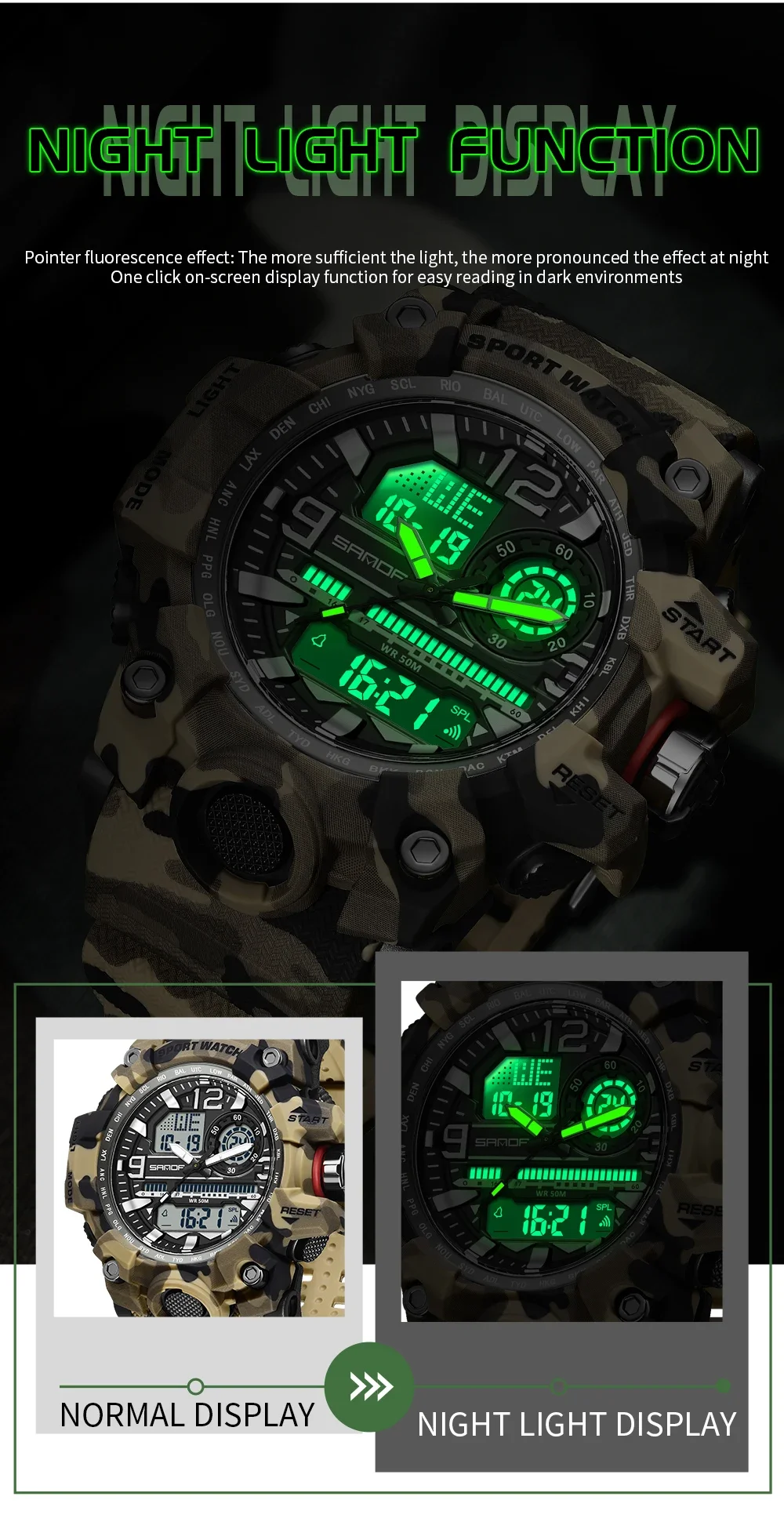 Orologio digitale a LED sportivo da uomo SANDA orologio al quarzo simulato a doppio schermo impermeabile Camo orologio da uomo con temporizzazione militare