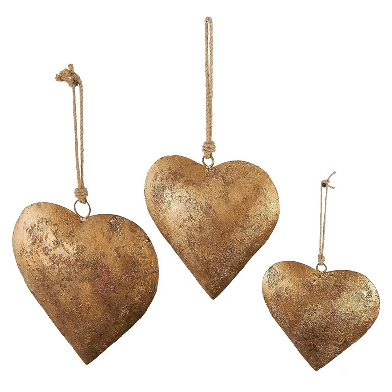 1Set 3D Metal Heart-Shaped Decorative Bell Yellow Aged Brass Metal Bell +Hanging Rope