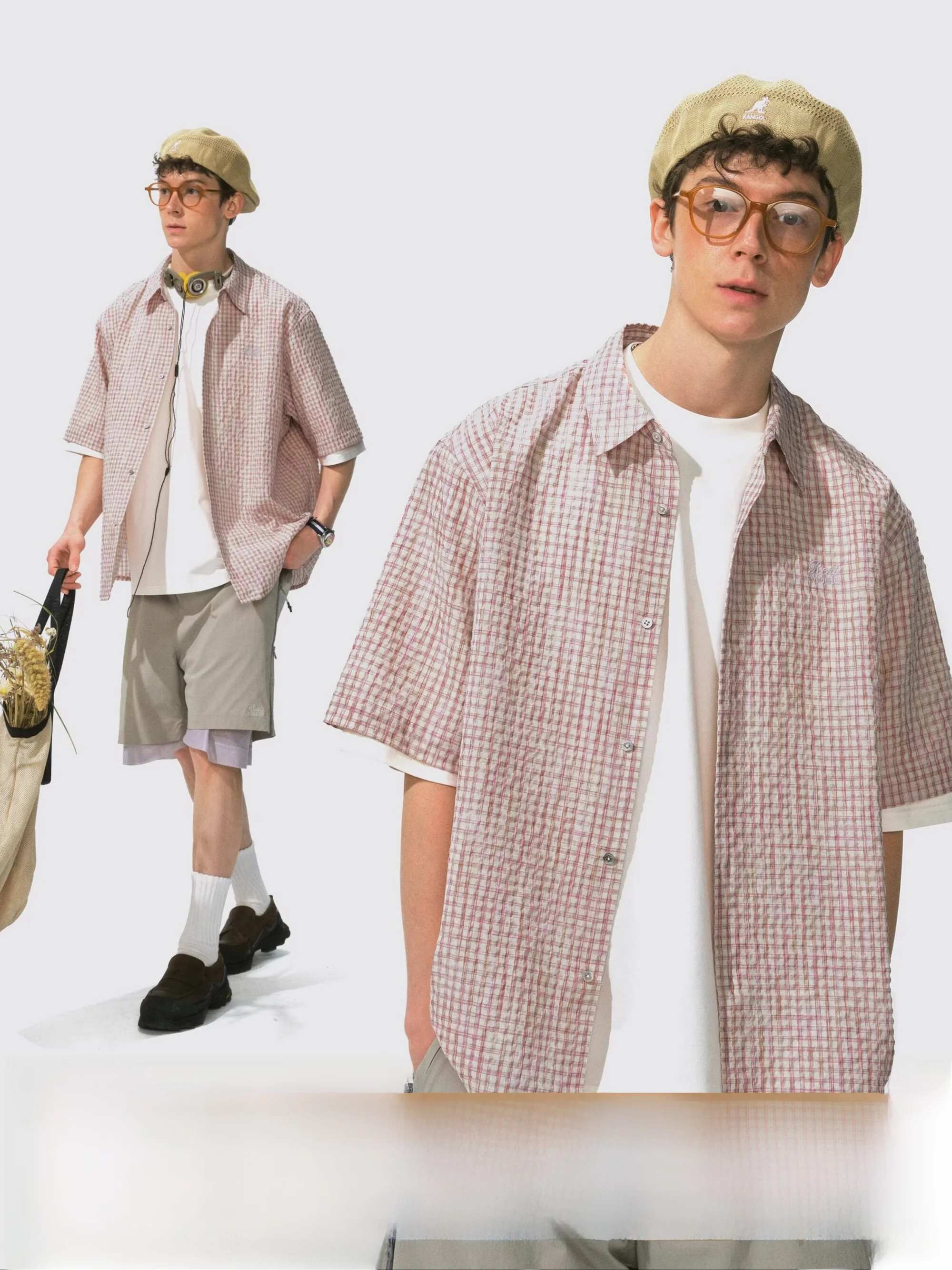 

Monterest Outdoor Short Sleeve Shirt Embroidered Bubble Cloth Plaid Button Collar Logo Patch Youth Fashion Spring Autumn