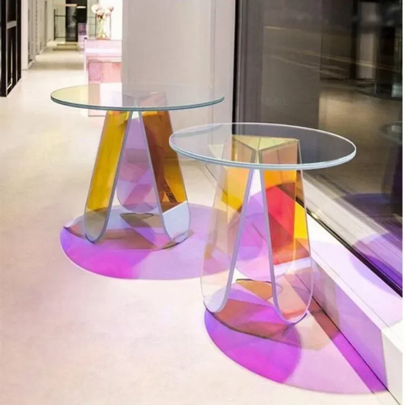 Acrylic Side Table Display Designer Round Colorful Rainbow Clear  Iridescent Art Coffee  Home Furniture