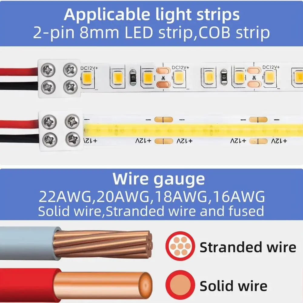 Solderless LED Strip Connector User Friendly Single Color 8mm LED Connector Easy Installation Tape Light Clamp