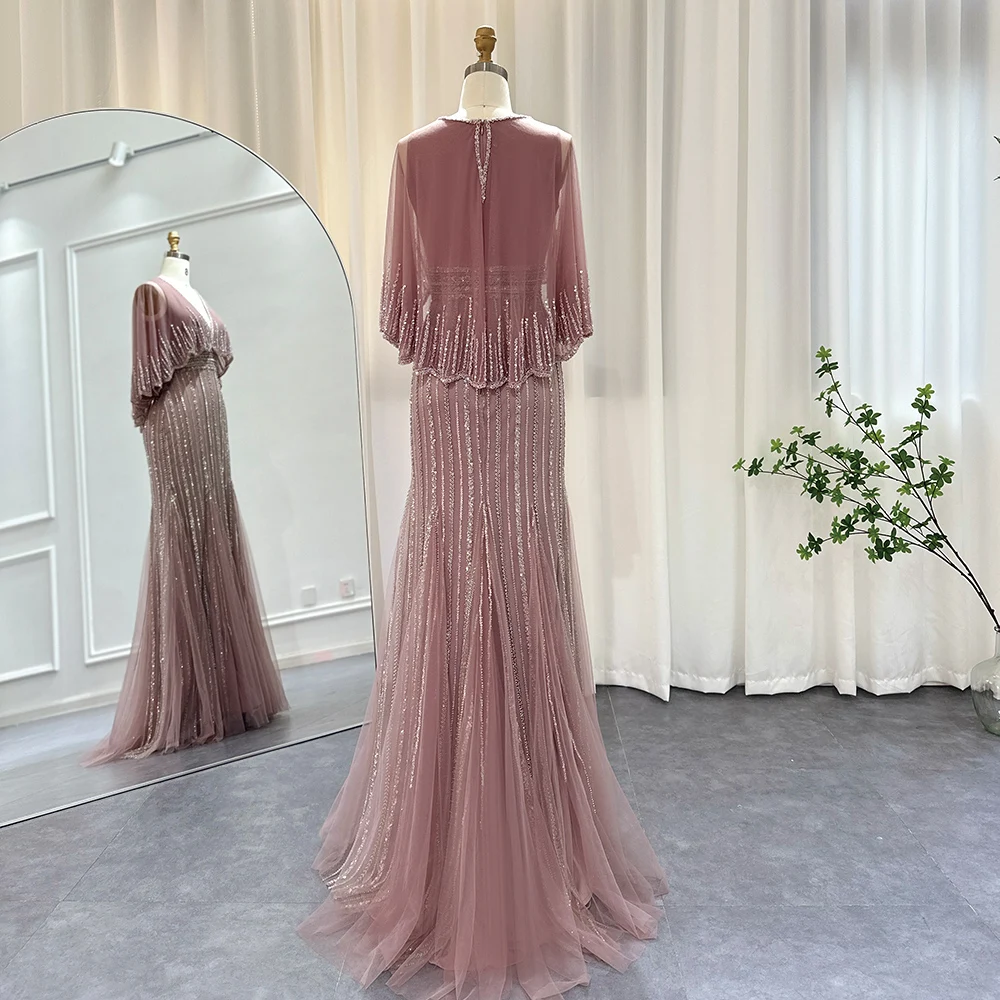 Scz126 Jancember Pink Mermaid Dubai Evening Dresses With Cape 2024 Elegant V-Neck Arabic Women Wedding Formal Party Gown