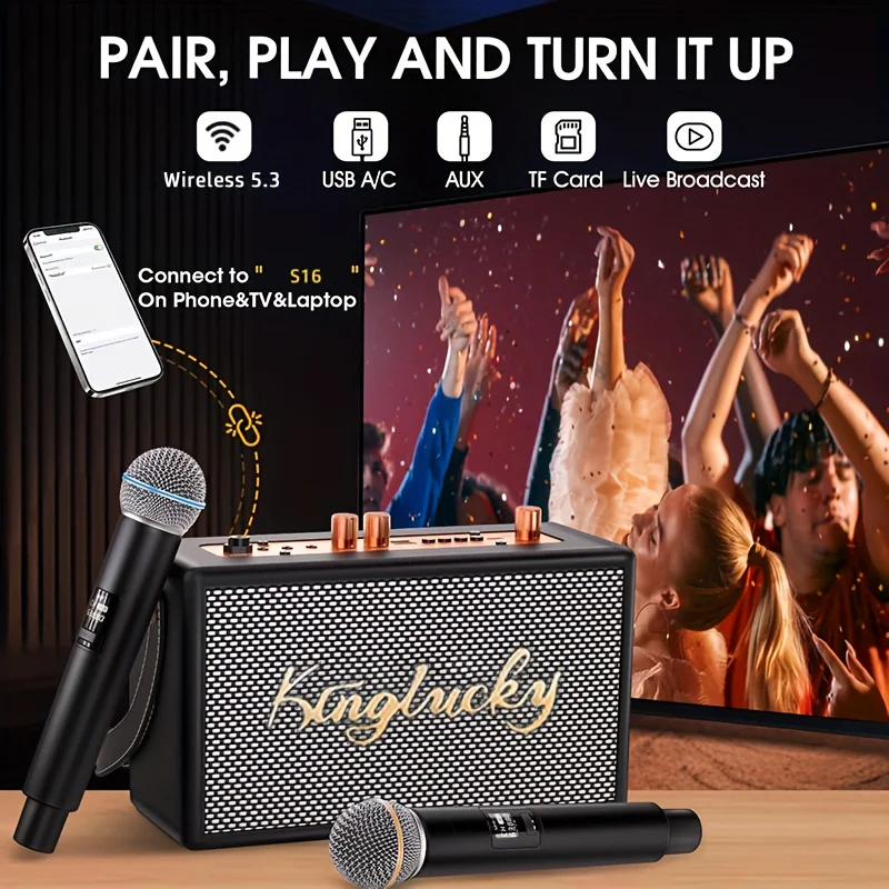 Kinglucky S16 Bluetooth Audio Speaker Wireless Big Powerful Sound with 1-2 Wireless Microphones Home Family Singing Children's