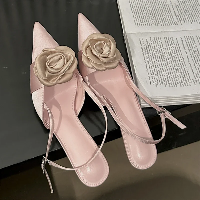 Eilyken Sexy Thin High Heels Buckle Strap Women Pumps Elegant Flower Pointed Toe Mules Shoes Banquet Prom Sandals