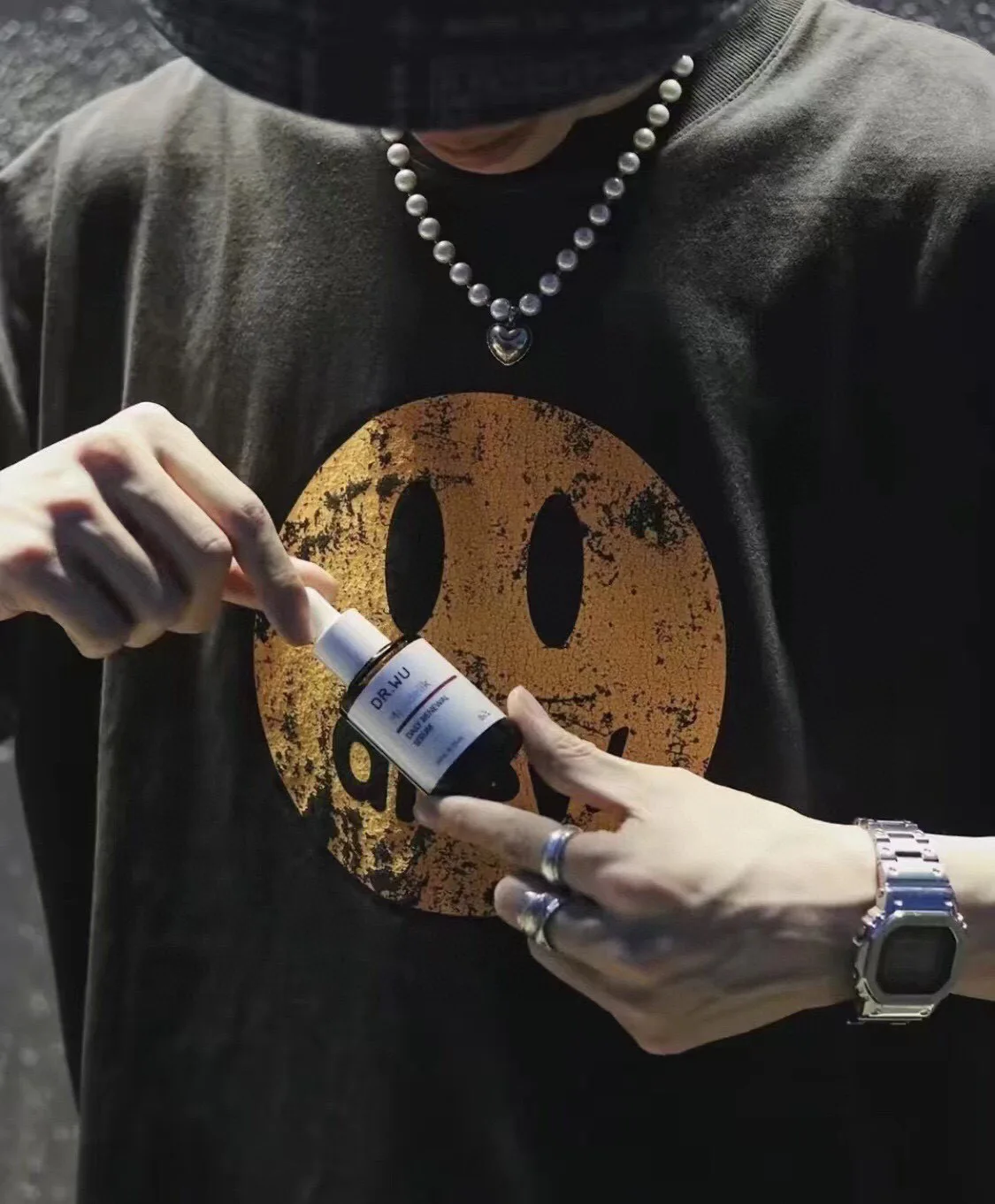 Drew House Distressed Smiley Print T-shirt Men Oversized Casual Streetwear Cotton Short Sleeve Tee