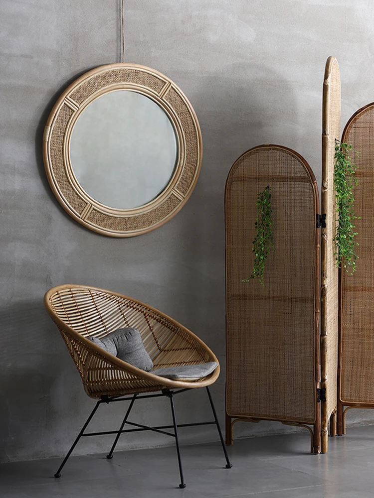 Real Rattan Bed & Breakfast Handmade Vine Woven Wall-Hanging Mirror Retro round Mirror Bedroom Cosmetic Mirror