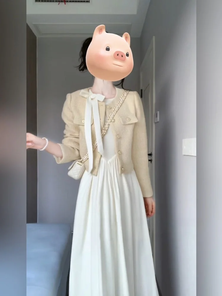 

Syj ujia ort Svel Dr Set for Plump Women Early Autumn Gentle Wind Long Sve Dr And Coat Set Commute Sle...