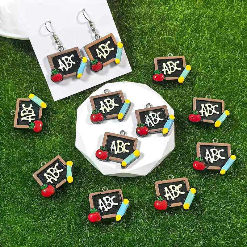 10pcs Knowledge Apple Blackboard Resin Charms Cute Cartoon Earring Pendant Jewelry Make DIY Accessory