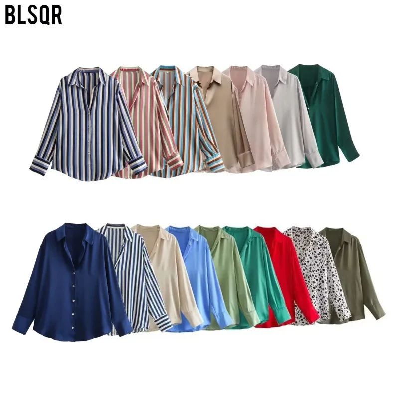 

2025 Women's Multicolor Satin Texture Draped Long Sleeve Shirt Top F69895