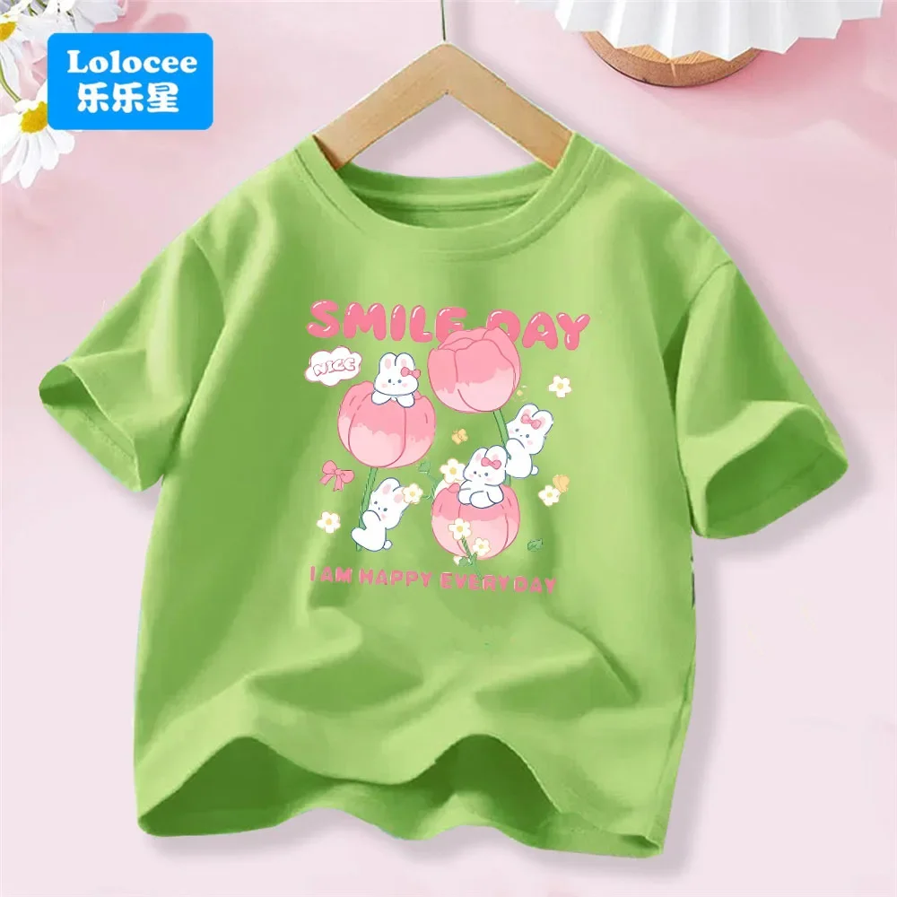3-14T Kid Clothes Summer Cotton T Shirt Short Sleeve Top Beauty Tulip Flower and Rabbit Print Tee Childrens Candy Color Tshirt