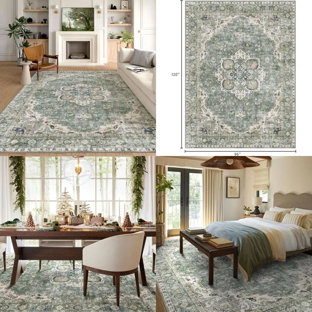 

Large 8x10 Sage Green Boho Living Room Rug, Soft Vintage Bedroom Carpet, Ultra-Thin Distressed Oriental Style