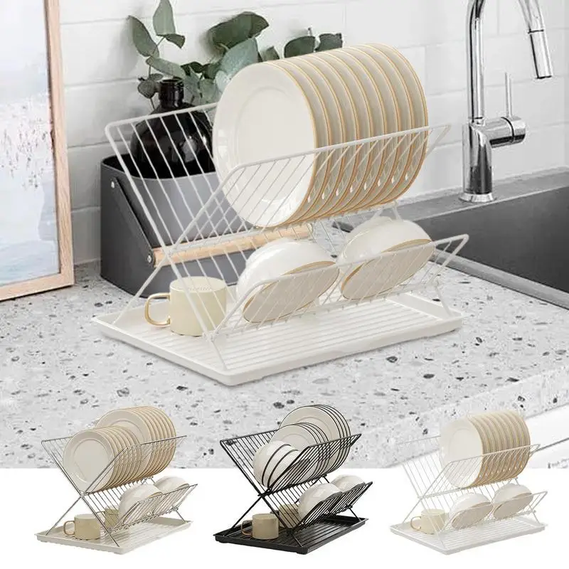 

Foldable Dish Rack Carbon Steel/Stainless Steel Dish Drainers For Kitchen Counter 2 Tier Detachable Water Catcher Tray Drying