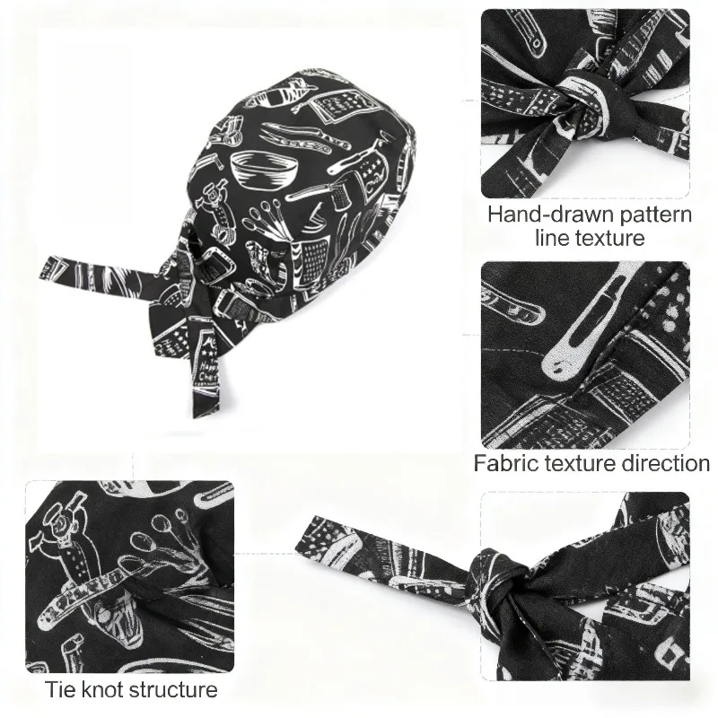 주방 도구 프린트가 있는 셰프 반다나 모자 통기성 좋은 면 소재 요리 작업 및 요리 액세서리