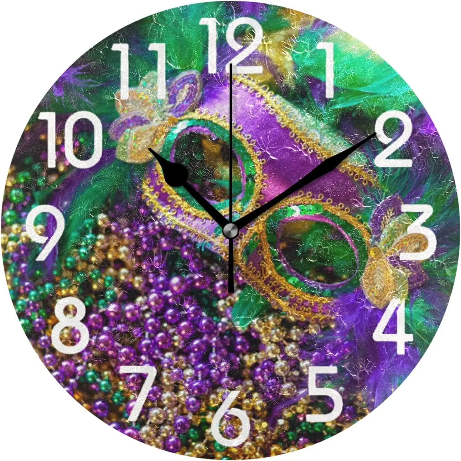 3D Mardi Gras Carnival Decor Round Wall Clock, 9.5 Inch Battery Operated Quartz Analog Quiet Desk Clock for Home,Office,S