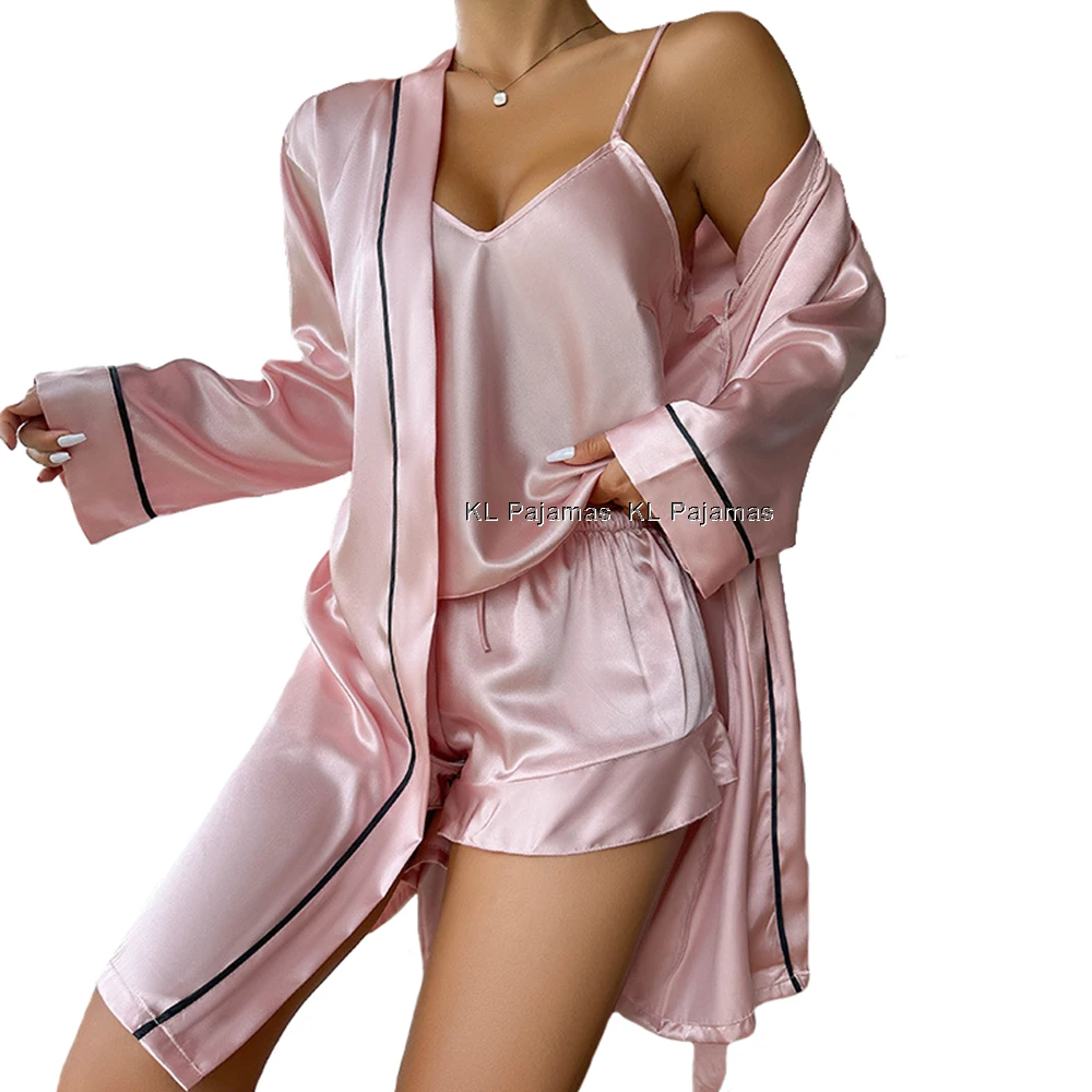 Ensemble pyjama en satin pour femme avec robe, vêtements de nuit 3 pièces, lingerie sexy, short camisole, vêtements de nuit 3 pièces