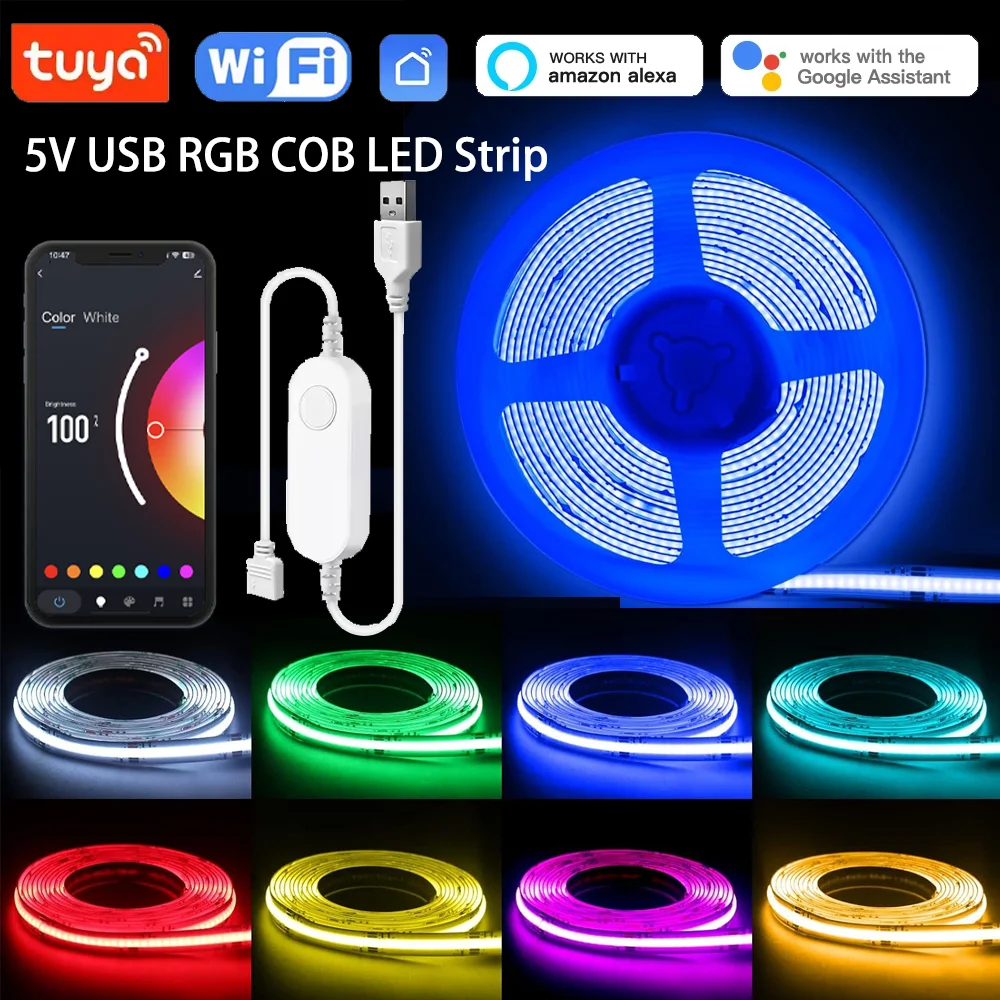 

Tuya WiFi 5V USB RGB COB LED Strip Light 576LEDs Dimmable Smart Lamp Voice Control TVBackLight Room Decor Work with Alexa Google