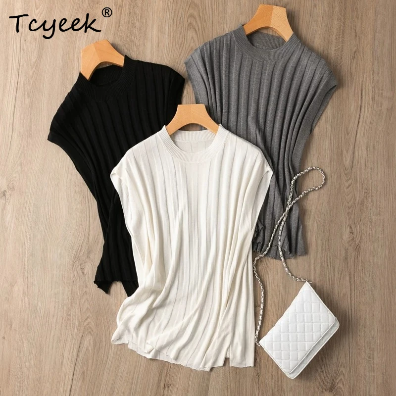 Tcyeek 70% Real Silk 30% Cotton Vest for Women 2026 Summer Clothes Comfortable Ladies Tops Split Knitted Tops De Mujer New Style