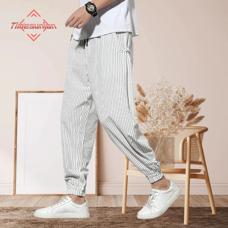 Spring Summer Disc Buckle Striped Harem Pants Mens Breathable Cotton Linen Pencil Pants Buckle Casual Bloomers Fashion Trousers