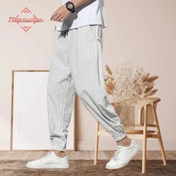 Ropa hombre pantalones hombre Primavera Verano Disco Hebilla Rayas Pantalones Harem Mens Transpirable Algodón Lino Lino Pantalones Hebilla Casual Bloomers Moda Pantalones