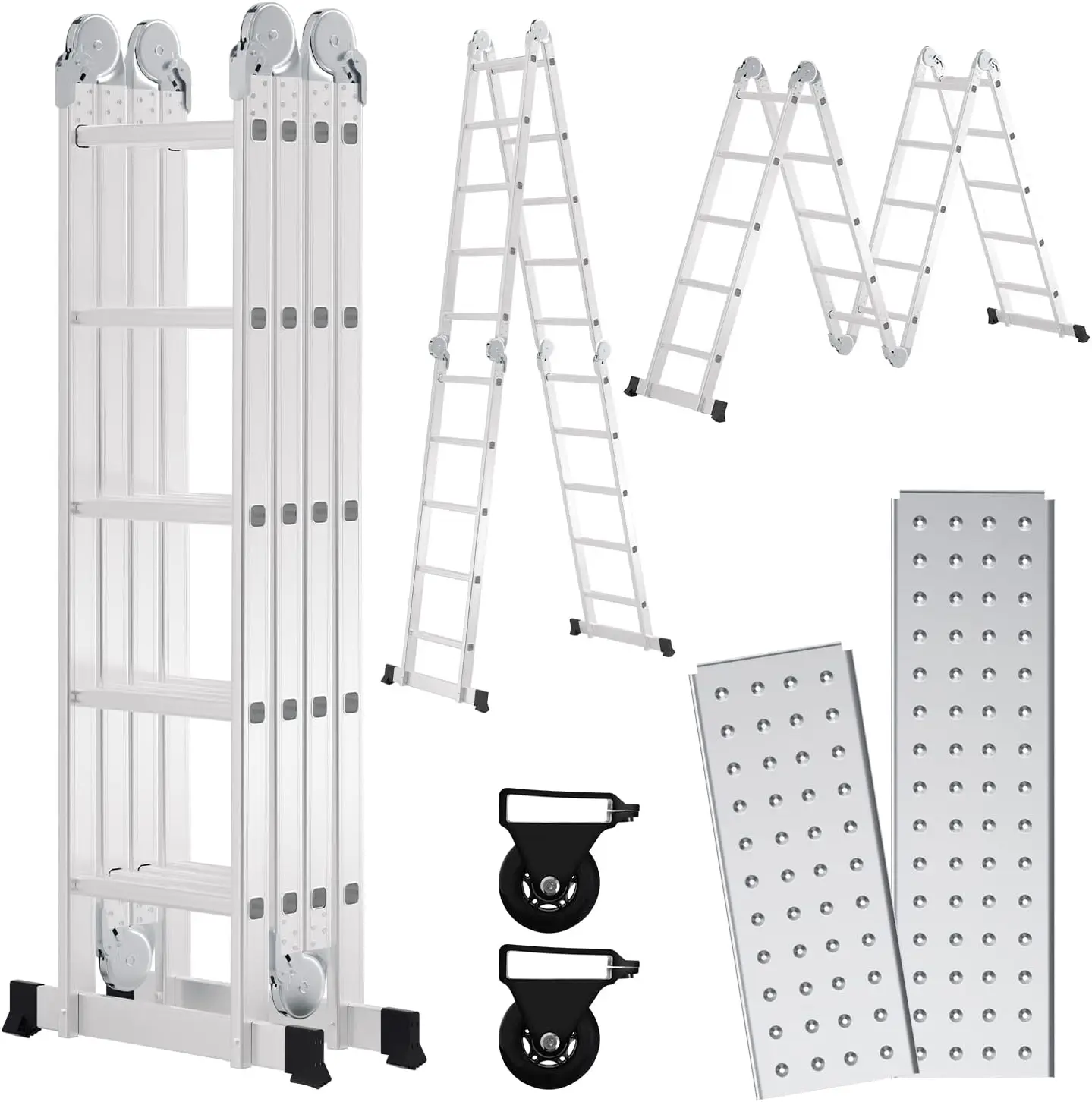 4 x 5-stufige Aluminium-Mehrzweckleiter, 5,8 m mit Plattform, 150 kg Tragkraft, klappbare Stufenleiter mit 2 Gerüstplatten