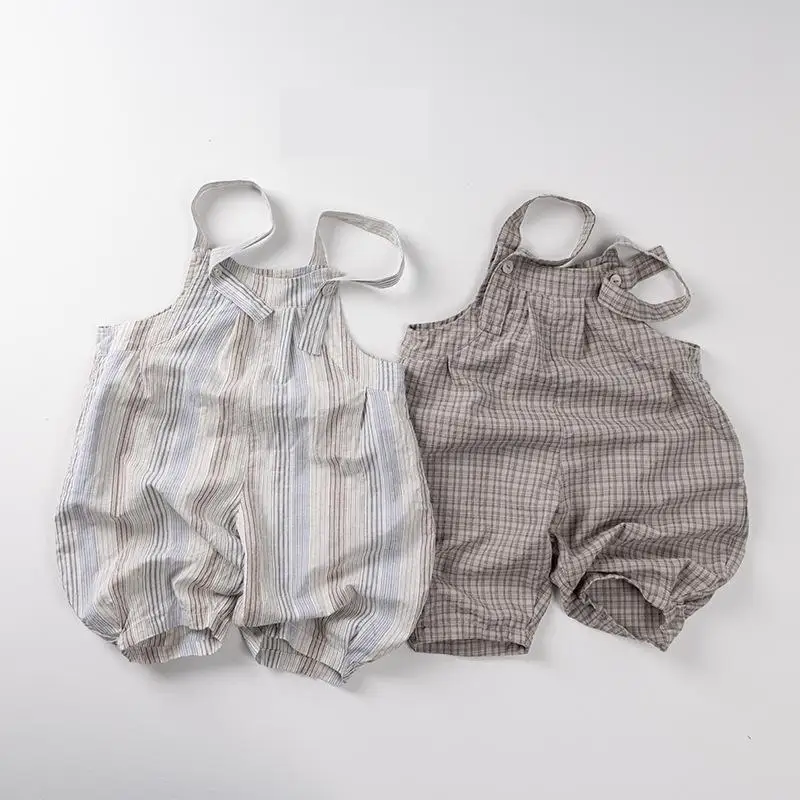 

2025 Summer New Children Loose Plaid Overalls Cotton Girls Striped Casual Pants Fashion Boys Strap Trousers Kids Thin Jumpsuit