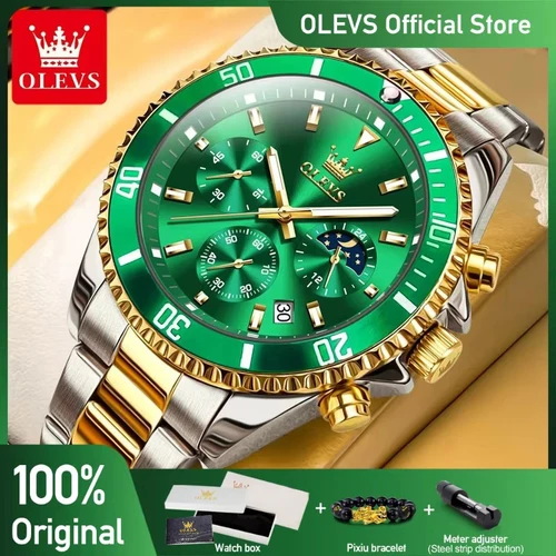 Relojes OLEVS para hombre, relojes de lujo de primeras marcas para hombre, cronógrafo Original resistente al agua de acero inoxidable, fase lunar, fecha, esfera giratoria